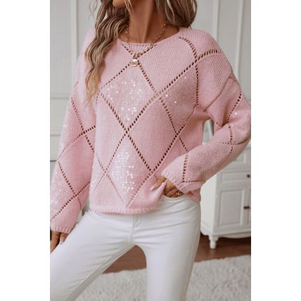 Light Pink Hollowed Rhombus Pattern Sequin Detail Round Neck Sweater