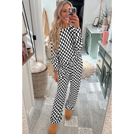 Black Checkered Print Long Sleeve Top and Pants Lounge Set