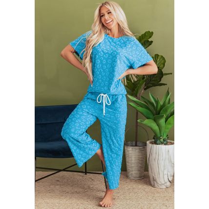Blue Leopard Jacquard Short Sleeve Top and Wide Leg Pants Set