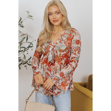 Orange Floral Print Deep V Neck Knot Bell Sleeve Blouse