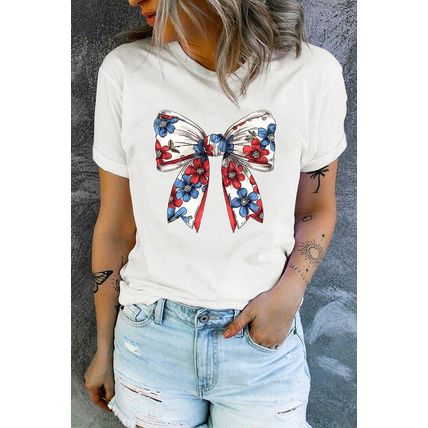 White July 4th Flower Bowknot Print Crew Neck T Shirt