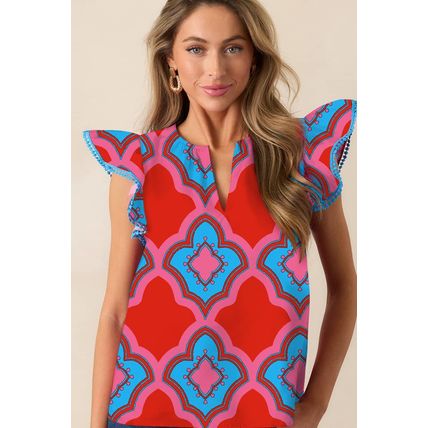 Red Abstract Floral Print Trimmed Flutter Sleeve Blouse