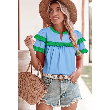 Mist Blue Contrast Notched Neck Frilly Detail Short Sleeve Blouse