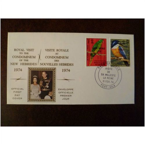 New Hebrides 1974 Royal Visit Stamps FDC Birds lorikeet kingfisher QEII Philip