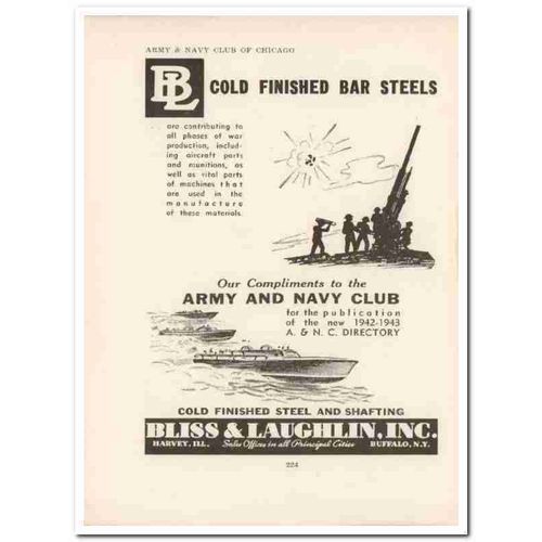 bliss laughlin inc 1943 cold finished bar steel ww2 wartime vintage ad