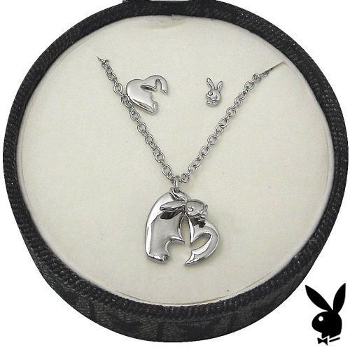 Playboy Jewelry Set Necklace Earrings Heart Bunny Platinum Plated Jewelry Box