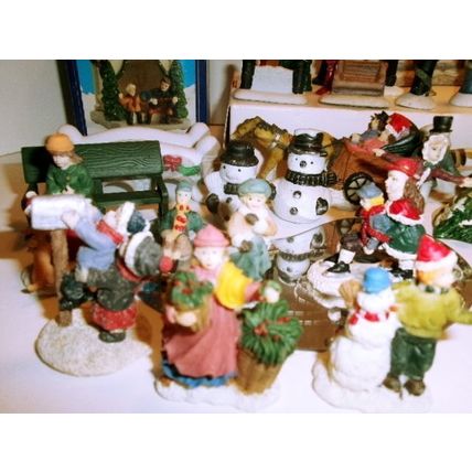 58 pc Lot of Small Christmas Village Accessories With 2 Inch Adult Figures