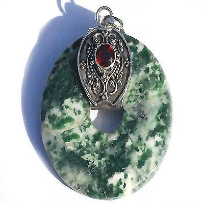 Sterling Silver Bali Green Moss Agate Donut with Garnet Pendant