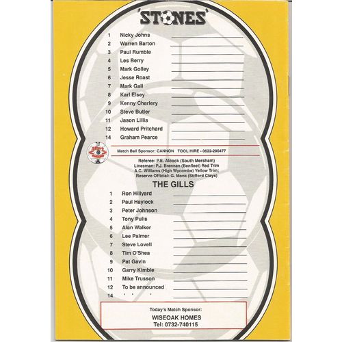 1989-90 MAIDSTONE UNITED v GILLINGHAM (Very Good Condition - No Writing)