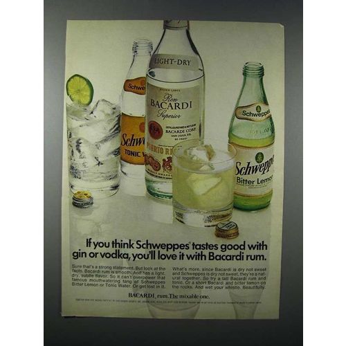 1973 Bacardi Rum Ad - Schweppes Tastes Good With