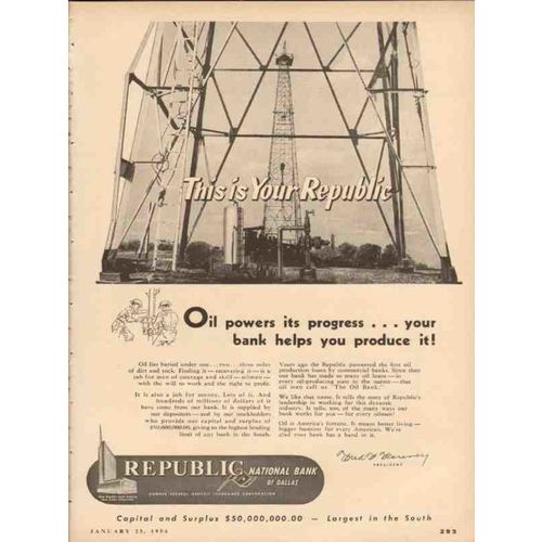 REPUBLIC NATIONAL BANK DALLAS 1954 oil powers progress vintage ad