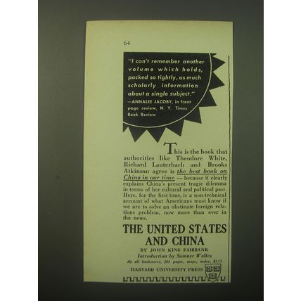 1948 Harvard University Press Book Ad - The United States and China by John King