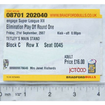 2007 ticket Bradford Bulls Elimination Play Off Round One adult