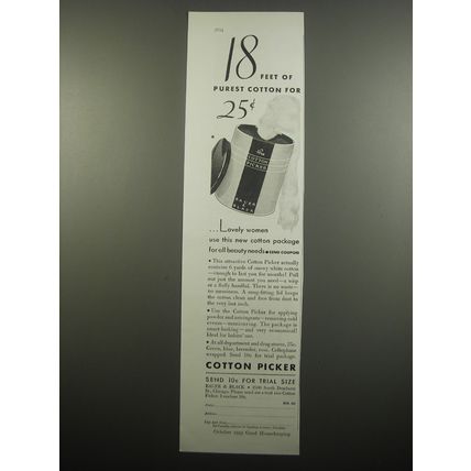 1933 Bauer & Black Cotton Picker Ad - 18 feet of purest cotton for 25¢