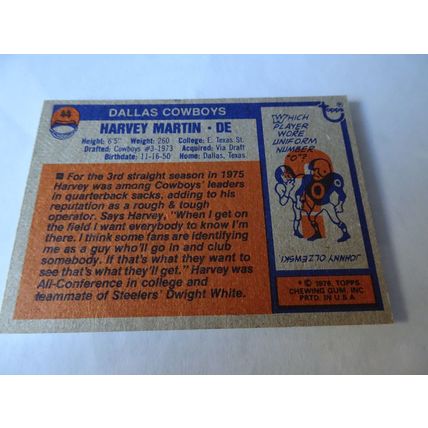 1976 Topps Football Card # 044 Harvey Martin Very Good (3) Dallas Cowboys
