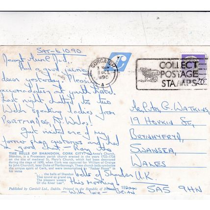Cork City Bells of Shandon Ireland Postcard posted 1990 crease