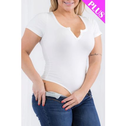 Plus Size Casual Split Neck Solid Short Sleeve Bodysuit