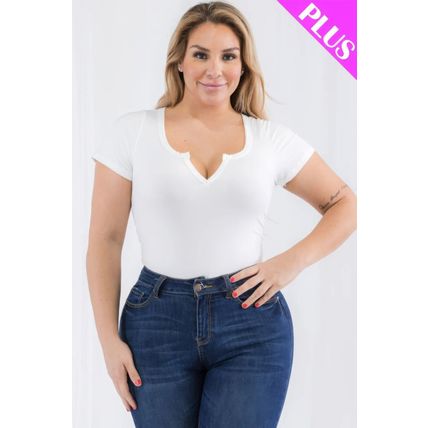 Plus Size Casual Split Neck Solid Short Sleeve Bodysuit