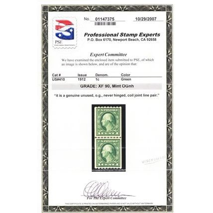 410, Mint XF NH 1¢ Line Pair With Graded 90 PSE Certificate - Stuart Katz