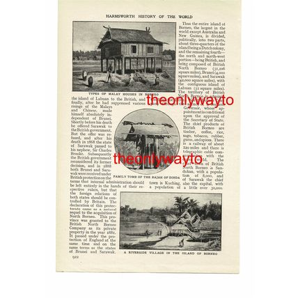 MALAY HOUSES AND RIVERSIDE VILLAGE, BORNEO, Malaysia, Book Illustration, c1907
