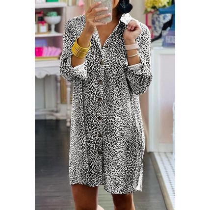 Long Sleeve Leopard Animal Print Shirt Dress