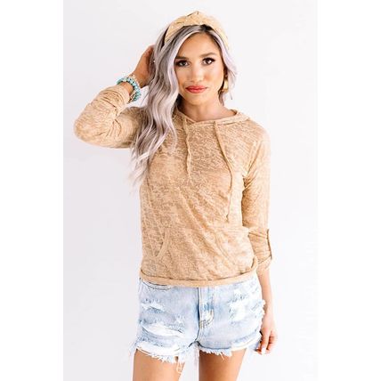 Khaki Solid Color Drawstring Hoodie with Kangaroo Pocket