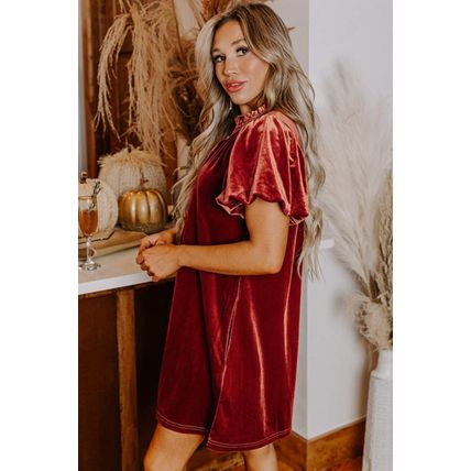 Cinnamon Velvet Smocked Neckline Puff Sleeve Shift Mini Dress