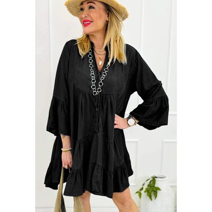 Black Chambray Ruffled 3/4 Sleeve Tiered Split V Neck Mini Dress