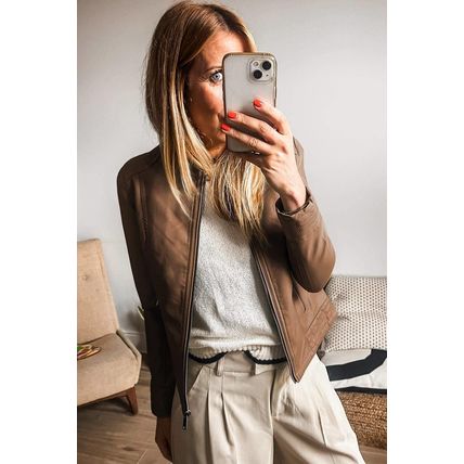 Chestnut Solid Faux Leather Zipper Slim Fit Bomber Jacket