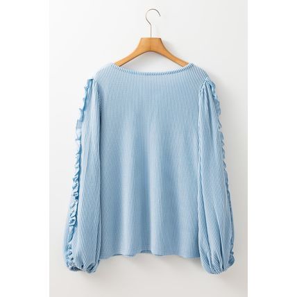 Mist Blue Corded Frilly Puff Sleeve Round Neck Blouse