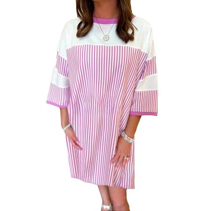 Phalaenopsis Striped Patchwork Three Quarters Sleeve Loose Mini Dress