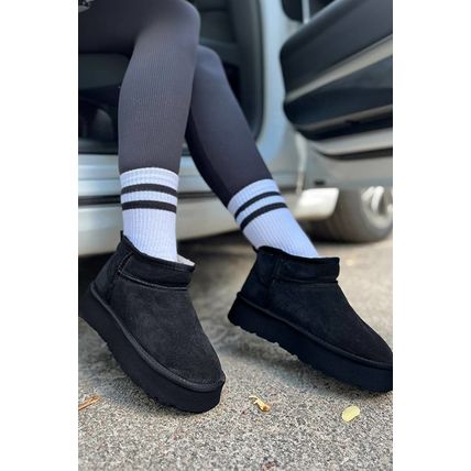 Black Faux Fur Lined Suede Ankle Snow Boots