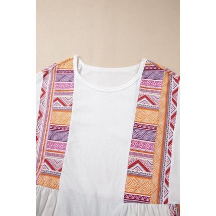 White Western Aztec Print Patchwork Ruffled Tunic Long Sleeve Babydoll Top