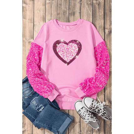 Pink Leopard Heart Graphic Sequin Patchwork Long Sleeve Valentines Top