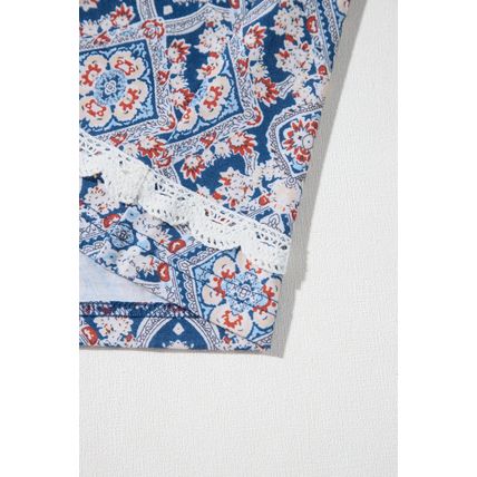 Blue Geometric Printed Lace Patchwork Ric Rac Raglan Long Sleeve Top