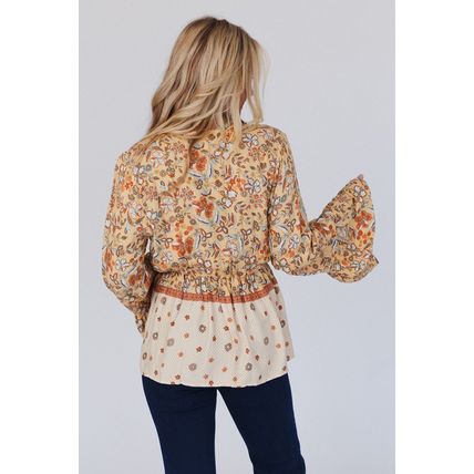 Yellow Printed Floral Bell Sleeve V Neck Wrapped Contrast Peplum Blouse