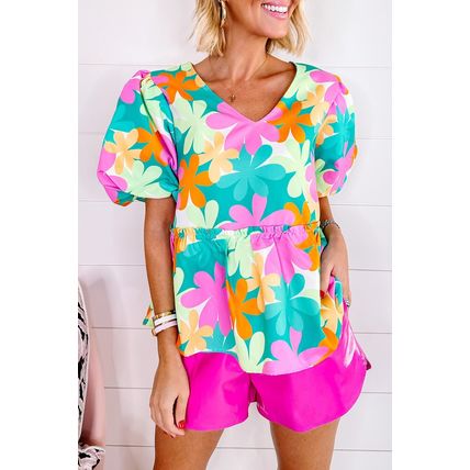 Pink Floral Print Bubble Sleeve V Neck Peplum Blouse