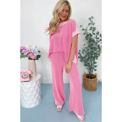 Sachet Pink 2-tone Colorblock Patchwork Corded 2pcs Outfit
