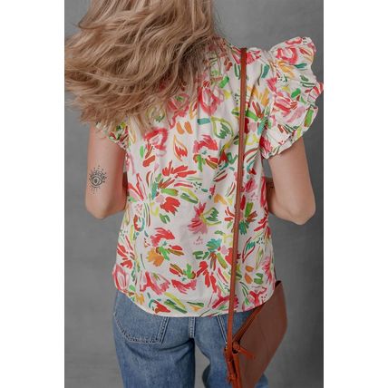 Multicolour Allover Floral Printed Flutter Sleeve Split Neck Blouse