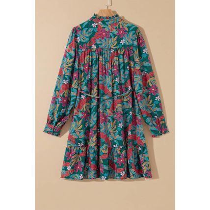 Green Floral Friled V Neck Puff Sleeve Ruffled Shirt Dress
