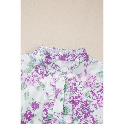 Purple Floral Print Ruffle Sleeve Frilly Button Up Shirt