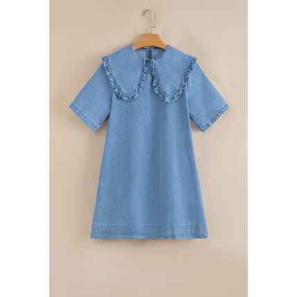 Beau Blue Frilled Peter Pan Collar Loose Denim Short Dress