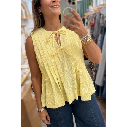 Yellow Cream Bow Tie Notched Neck Pleated Tank Top
