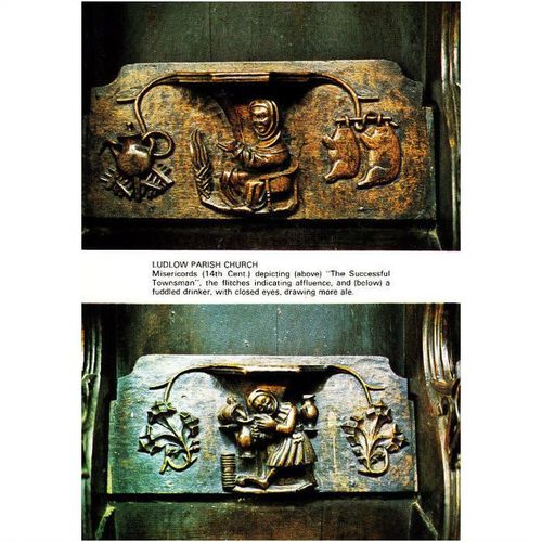 Colour Postcard - Misericords Ludlow Parish Church Successful Townsman & Drinker