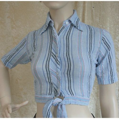 Vintage 1970 Blue Striped Crop Tie Top Size 8 New without Tag