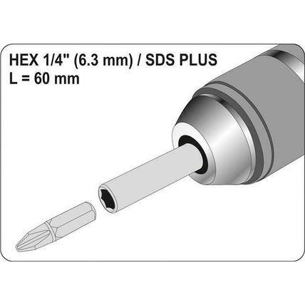 YATO professional Magnetic Bit Holder SDS-plus to 1/4" Hex Shank 60mm (YT-04690)