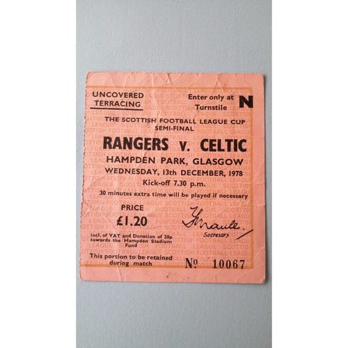 Rangers v Celtic Football Ticket Stub 13/12/1978 Scottish League Cup Semi Final