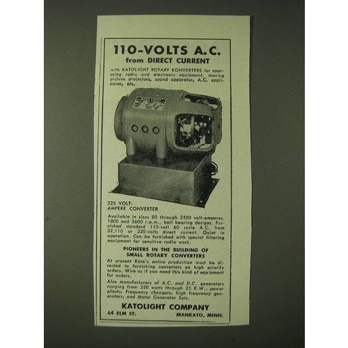 1943 Katolight Company Rotary Konverters Ad - 110-Volts A.C. from direct current