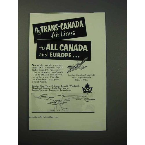 1952 TCA Air Lines Ad - to All Canada and Europe