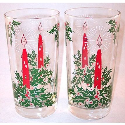 Set of 2 Holly Candle Red & Green Holiday Drinking Glasses Tumblers 12 oz.